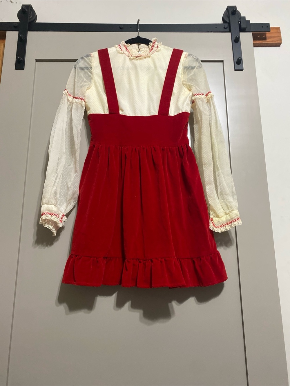 Vintage 60’s Red Velvet Pinafore Dress with Cream Blouse